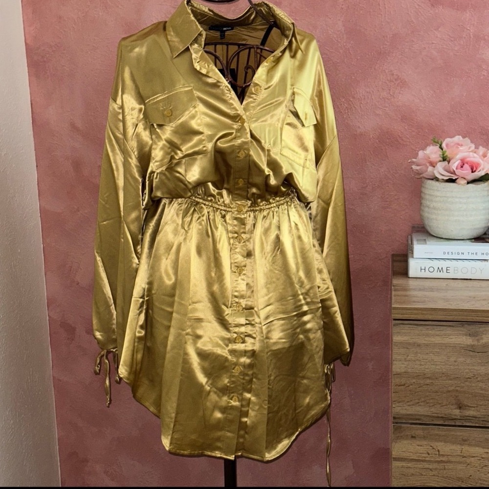 Fashion Nova Gold Satin Button Down Mini Shirt Dress Long Sleeve Elastic Waist M